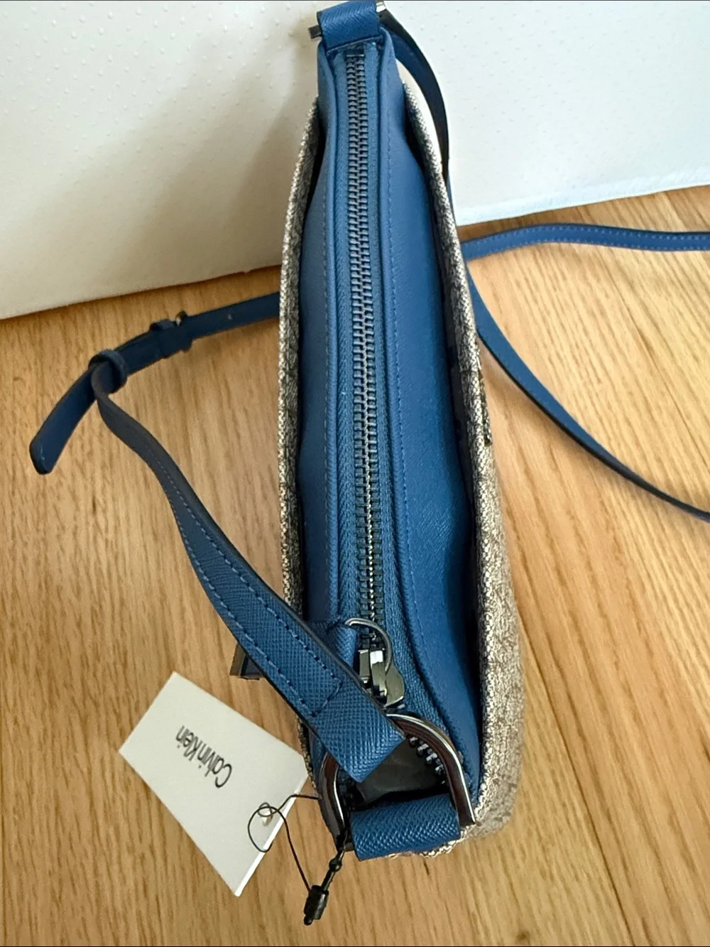 Calvin Klein Beige Monogram Crossbody with Blue Trim